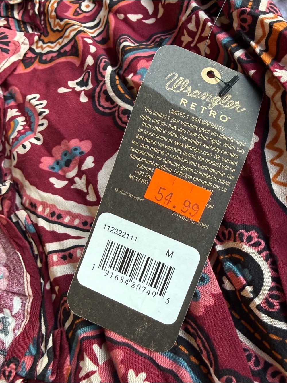 NWT Wrangler Retro Burgundy Paisley Boho Ruffle Dress Size Medium - Picture 7 of 7